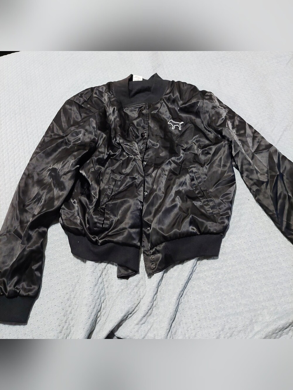 PINK Victoria's Secret Black Satin Bomber with Dog Logo